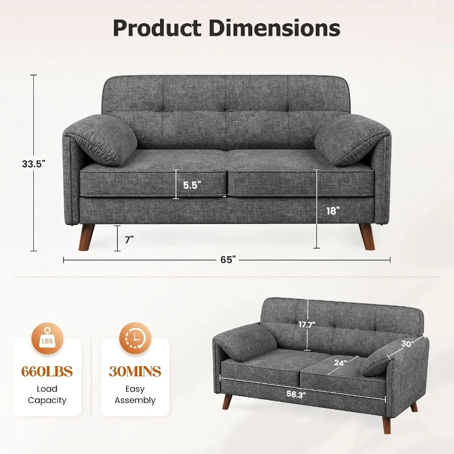 Living Room Loveseat Sofa, Chenille Fabric, Gray, 65-Inch Width with Storage Pockets and 25-Inch Deep Padded Seat for Small Spa