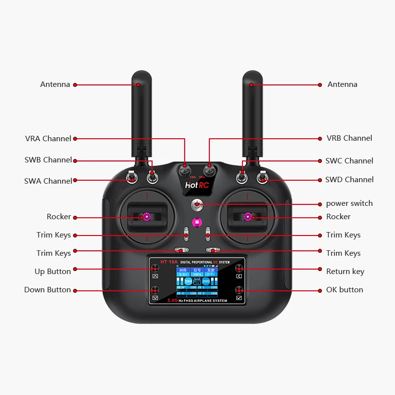 Hotrc Hot rc HT-10A HT10A 2.4 Ghz 10CH รีโมทคอนโทรล F-10A F10A สําหรับเครื่องบิน RC เรือ Drone อุปกรณ์เสริมอะไหล่