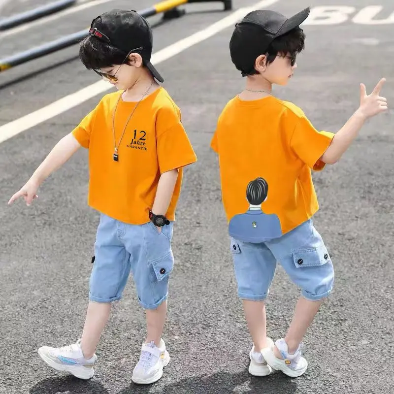 

Teenage Summer Boys Clothes Sets 2023 Kids Sport Short Sleeve Sweatshirt + Jeans 2PCS Children Clothing Suits 6 8 10 12 14 Year