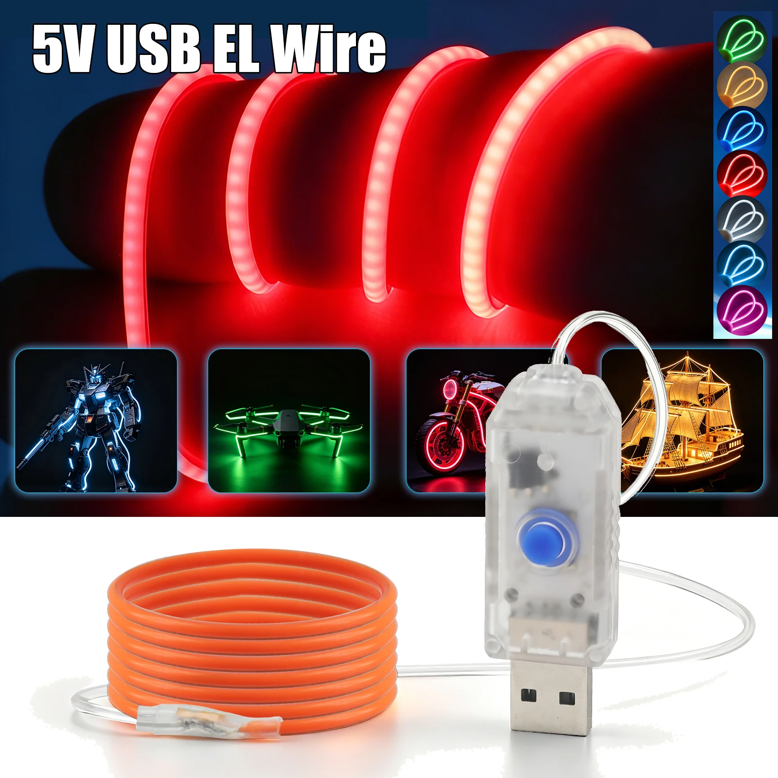 8‑Mode 5V USB Flexible LED Filament Light1.6mm Thin 360° Omnidirectional Lighting,110/190/300mm DIY Craft Model Making Decor