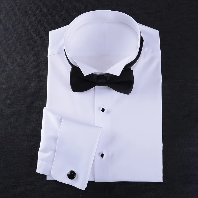 White Wing Collar Evening Dress Men\'s Long sleeved Shirt 100% Cotton Gentlemen\'s Banquet Wedding French Cuff Shirt for men