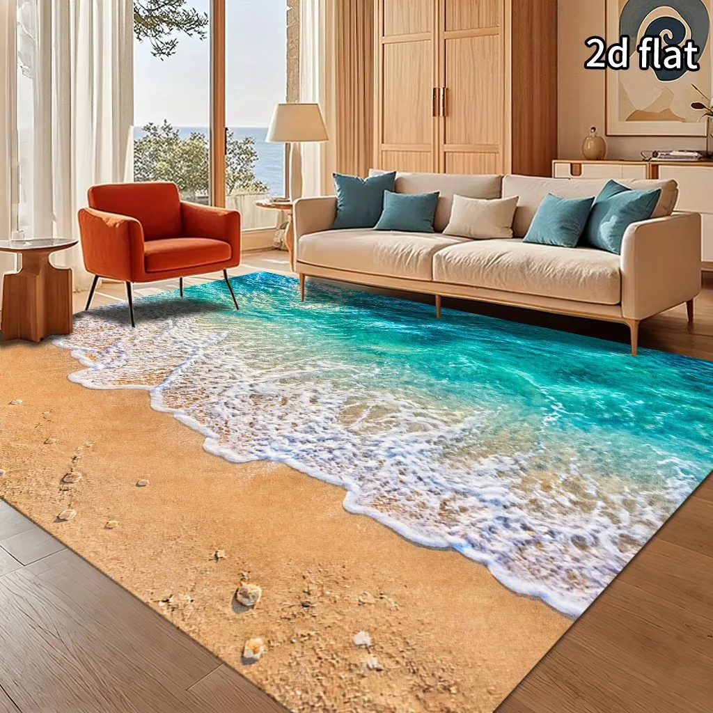 Ocean Wave Seascape Rectangular Rug Blue Teal Sea Surf Foamy Water Texture Print Floor Carpet for Living Room Bedroom