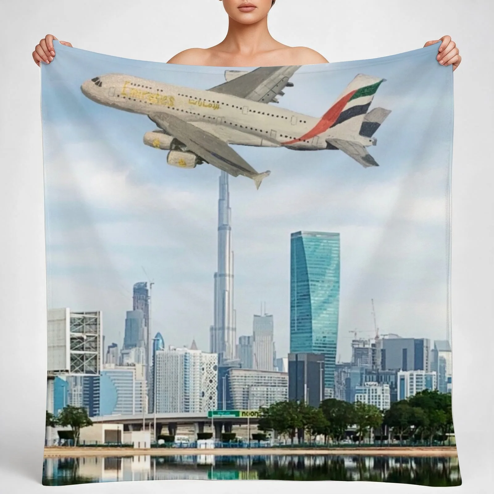 Emirates Airbus A380 flying over Dubai Throw Blanket couch cozy soft plush fuzzy picnic outdoor blanket
