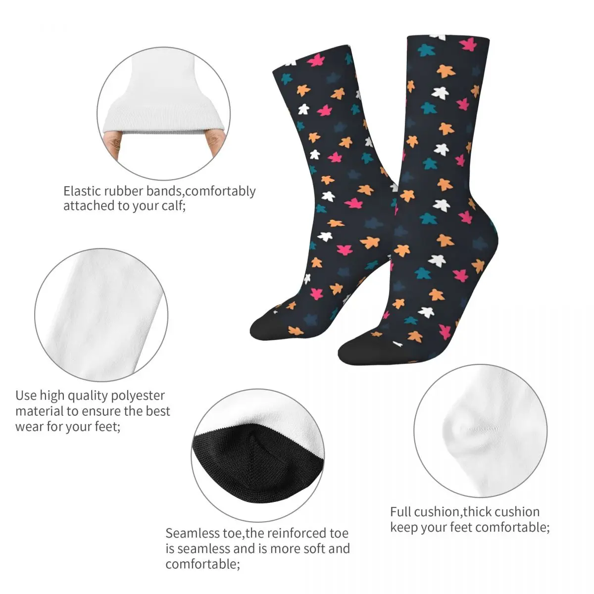 Bas à motif Meeple sombre pour hommes et femmes, chaussettes graphiques antibactériennes, chaussettes de jeux de société, chaussettes confortables, sports de course d'hiver