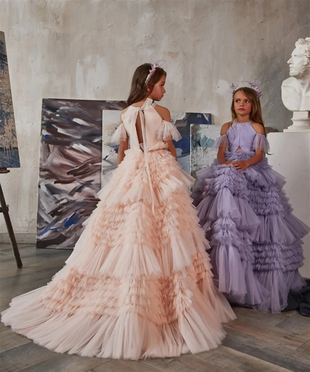 

Elegant Flower Girl Dress For Wedding Fluffy Beading Halter Neck Off the Shoulder Child Birthday Party Kids First Communion Gown