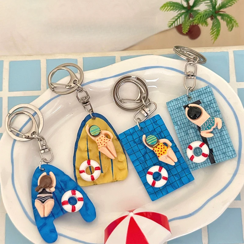 Swimming Pool Keychain Cute Cartoon Figure Float Board Bag Pendant Creative Resin Key Ring For Backpack Handbag Daily Decor