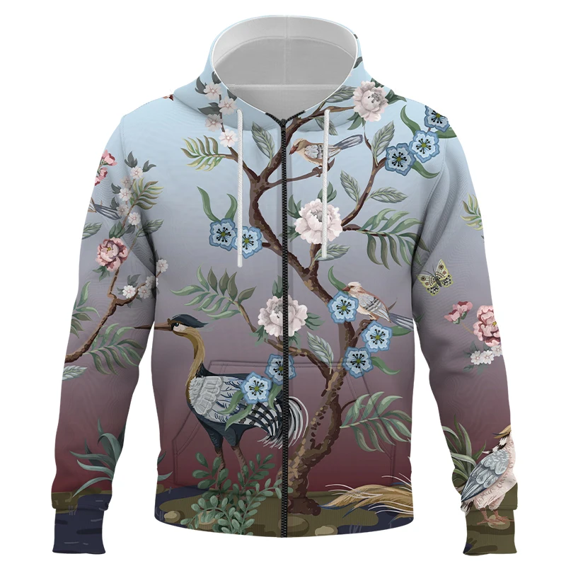 

2021 New zipper hoodies Clothing Harajuku brand 3d Print Flower, bird and plant illustration Hooded Pullover Unisex Clothing