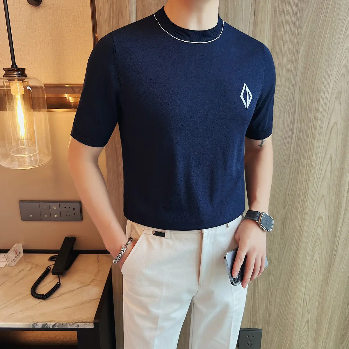 

Мужская футболка с коротким рукавом из ледяного шелка с индивидуальным дизайном, круглым вырезом, облегающая, универсальная, трикотажная, базовая, для повседневного и делового стиля