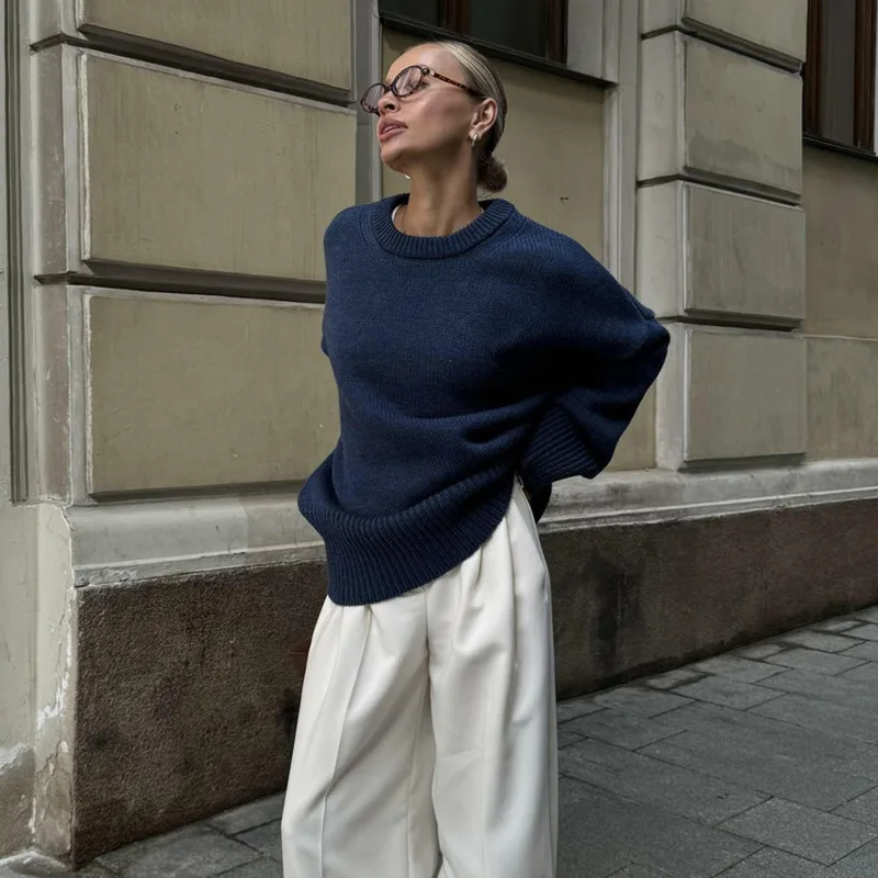 

Свитер с круглым вырезом, осень-зима 2022, новый однотонный универсальный повседневный ленивый пуловер, вязаный свитер с круглым вырезом