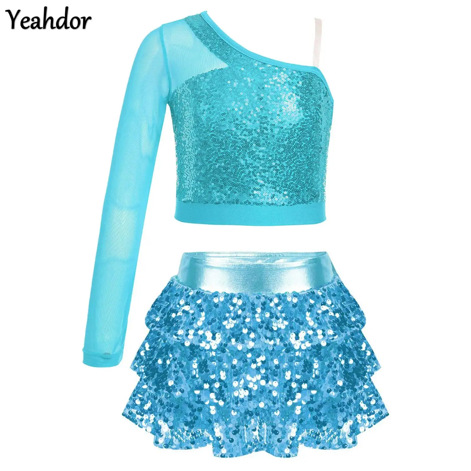 

Girls Sequins Jazz Dance Costume Sheer One Shoulder Crop Tops with Tiered Skirted Shorts Culottes Hip Hop Cheerleading Dancewear