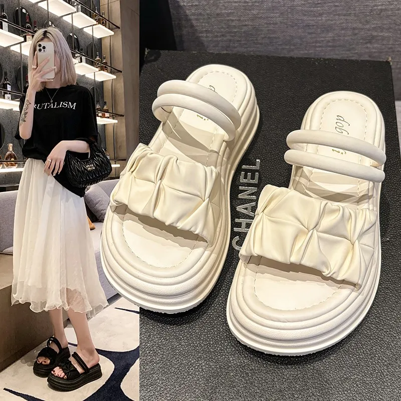 

Женские пляжные сандалии на каблуке, универсальные сандалии средней высоты на толстой подошве, для улицы, 2024