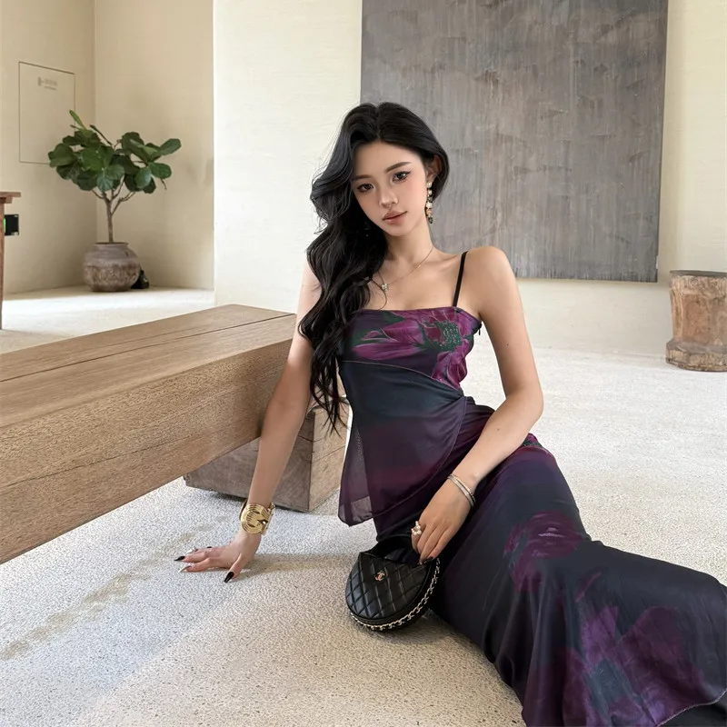กระโปรงทรงเอเข้ารูปเอวสูงลายดอกไม้สีม่วงสไตล์จีนใหม่ ดีไซน์เก๋สำหรับผู้หญิง