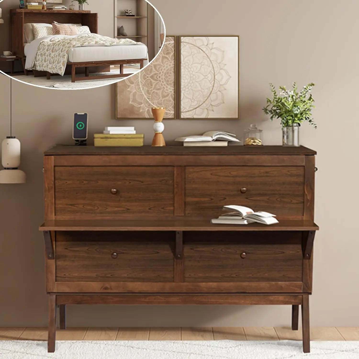 

Queen Size Murphy Bed Cabinet With Storage,Murphy Bed Desk Combo With Usb-Port And Pull-Out Shelves,Foldable Murphy Chest Bed