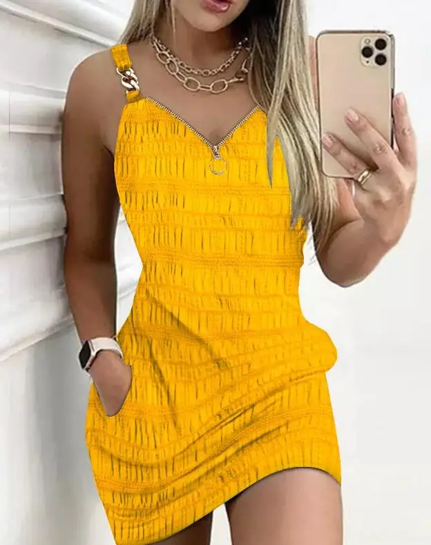 Women Casual Dress Zipper Design Textured Suspender Mini Dress 2024 Summer Latest V-Neck Sleeveless Pocket Vacation Short Skirt