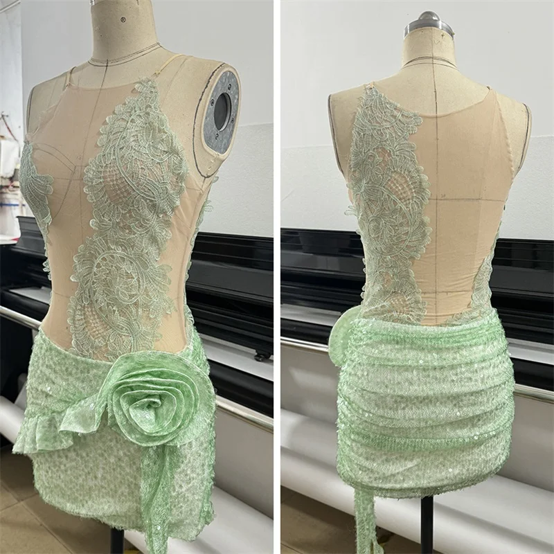 Shiny Sequins Green Prom Dress 3D Flower Sexy Sleeveless Sheer Short Mini Formal Wedding Evening Robe Banquet Party Bridal Gown