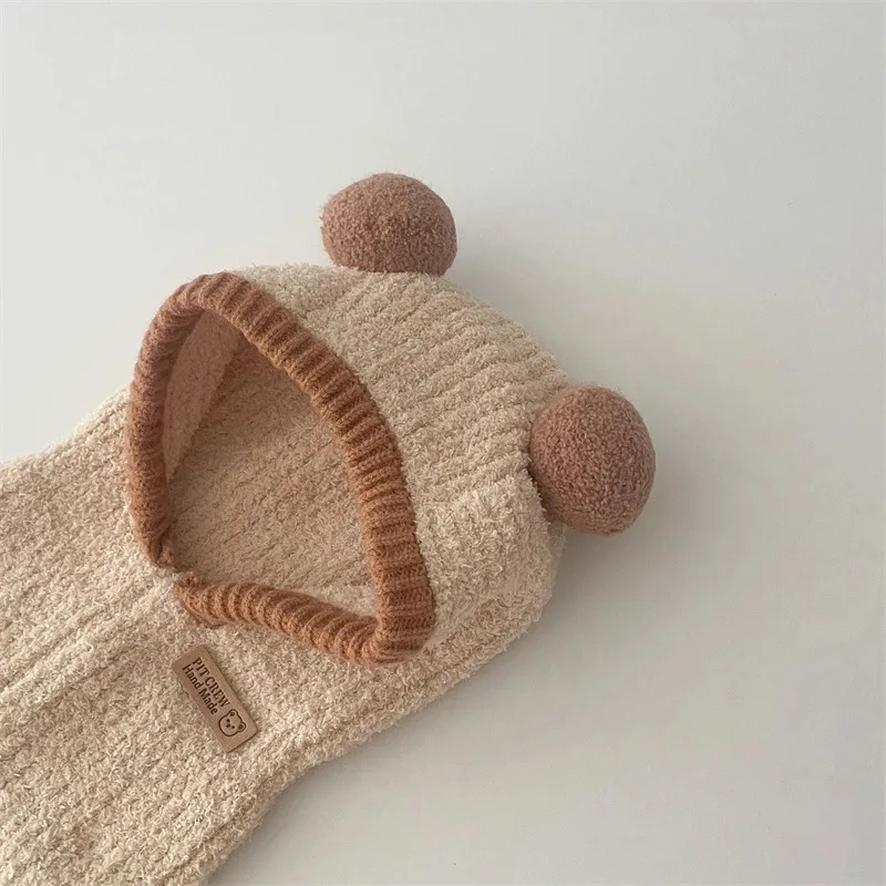 Baby Hood One Piece Scarf Cap Winter Warm Knitted Ear Protection Balaclava Hat Solid Color Windproof Infant Headgear Bonnet