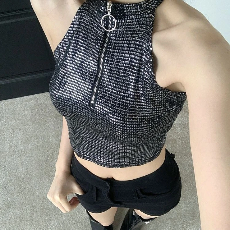 Sweet Cool Girl Style Jazz Dance Outfit Halter Neck Sequin Short Top High Waist Shorts Slimming Bodycon Women Two Piece Set