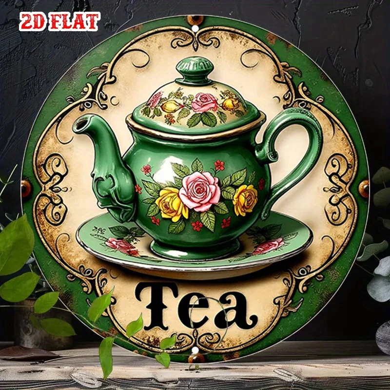 

Винтажная металлическая табличка с цветочным узором в виде чайника, 7,8 дюйма, круглая, алюминиевая, для декора стен дома, кухни, гаража