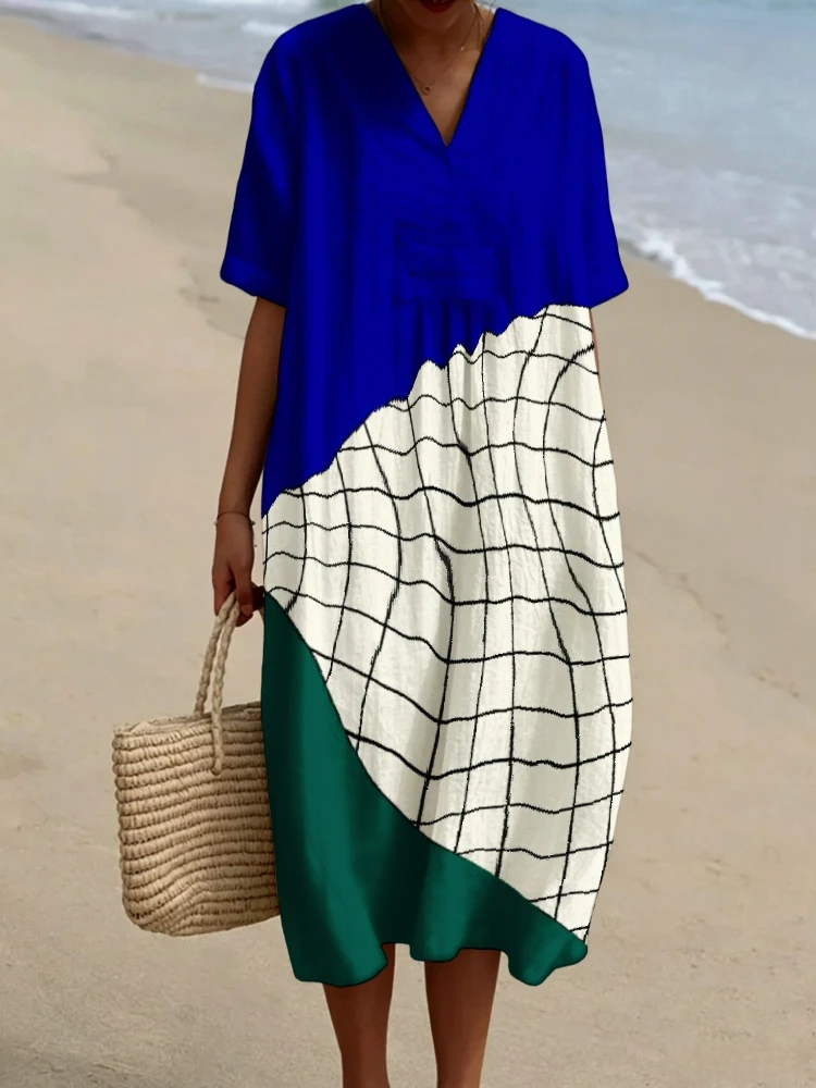 Abito midi da donna con stampa geometrica a blocchi di colore, scollo a V, maniche corte, oversize, estivo, da spiaggia, taglie forti fino alla 5XL