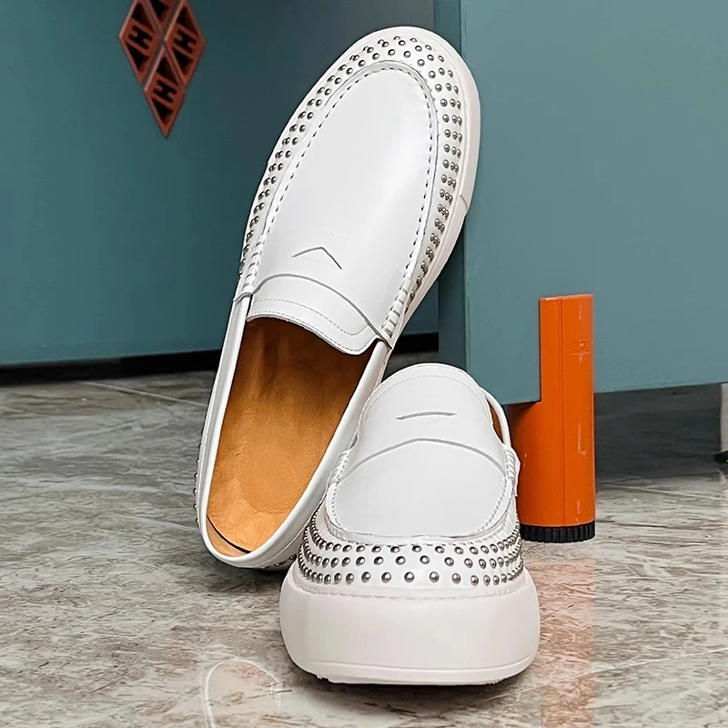 Luxury Rivet Decor White Men Loafers Thick Elevated Platform Sole Soft Cowhide Slip-on Daily Street Footwear Casual Shoes