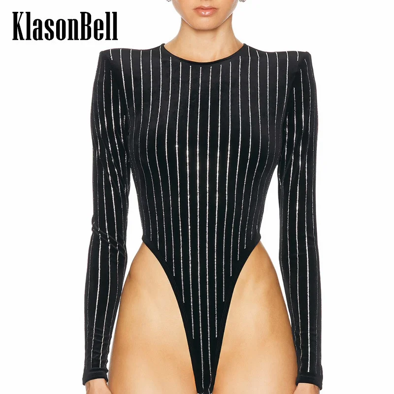 

6.20 KlasonBell Women Bling Crystal Diamonds Striped Shoulder Pads Long Sleeve Slim Bodysuit Top Or Back Zipper Shorts Set