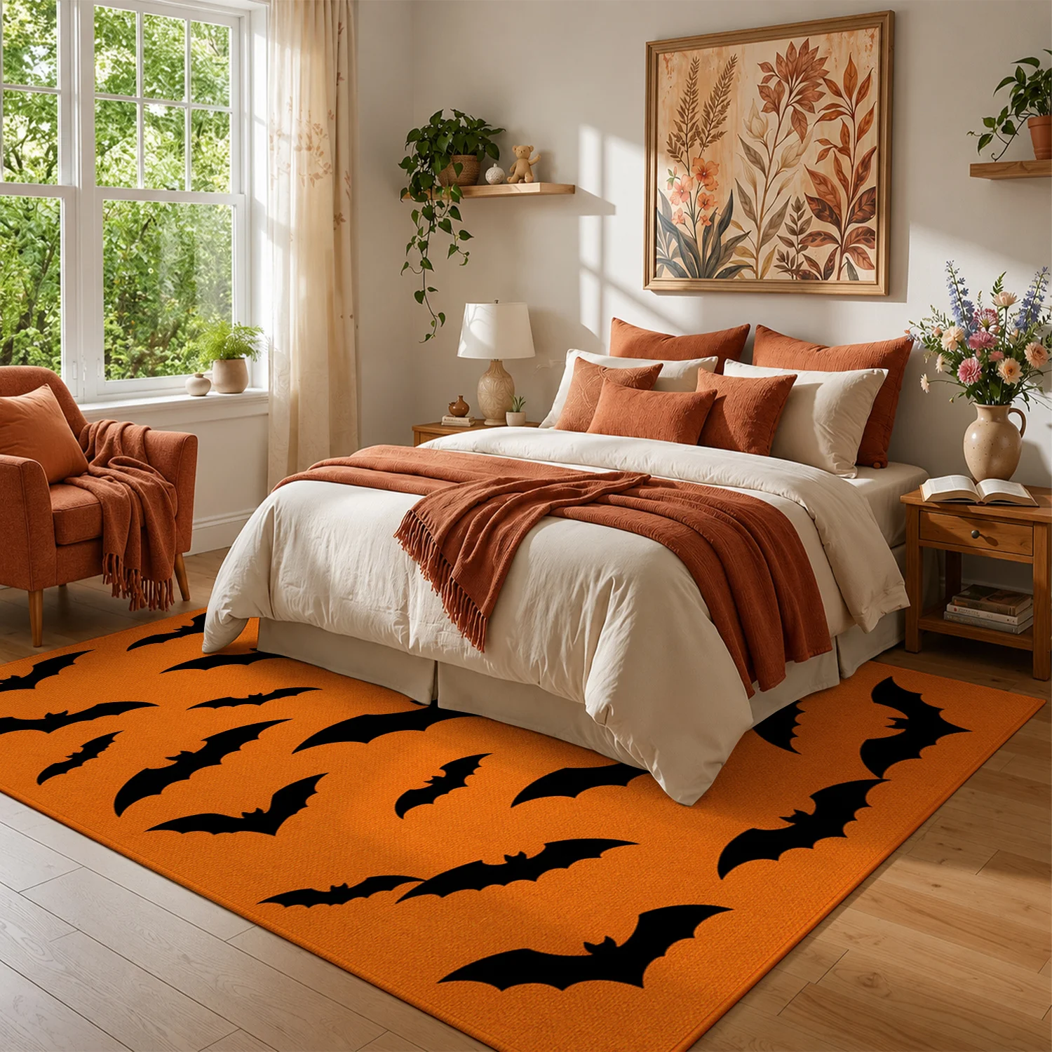 Orange Black Bat Pattern Velvet Door Mat, Machine Washable Decorative Floor Mat for Entryway, Living Room, Kitchen, Perfect for Halloween, Thanksgiving, Christmas, New Year, Black Friday, Cyber Monday Festive Home Decor