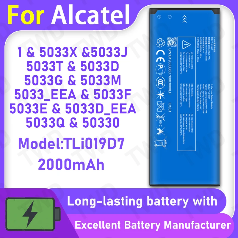 

100% New 2000mAh TLi019D7 Battery For Alcatel 1/5033X/5033J Replacement Bateria