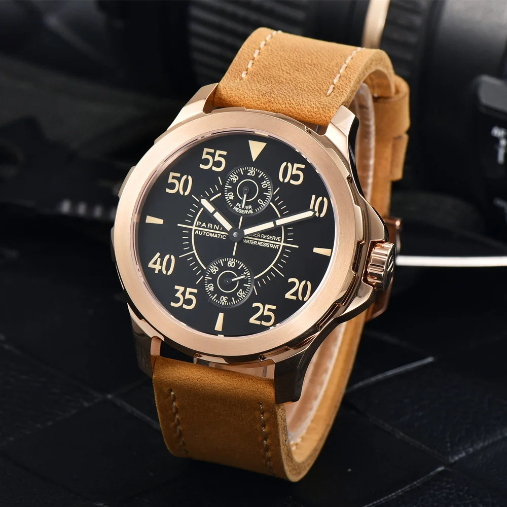 Fashion Parnis 44mm Rose Gold Case Automatic Men Watch Mechanical Power Reserve Sports Man Watches Luxury reloj para hombre 2023