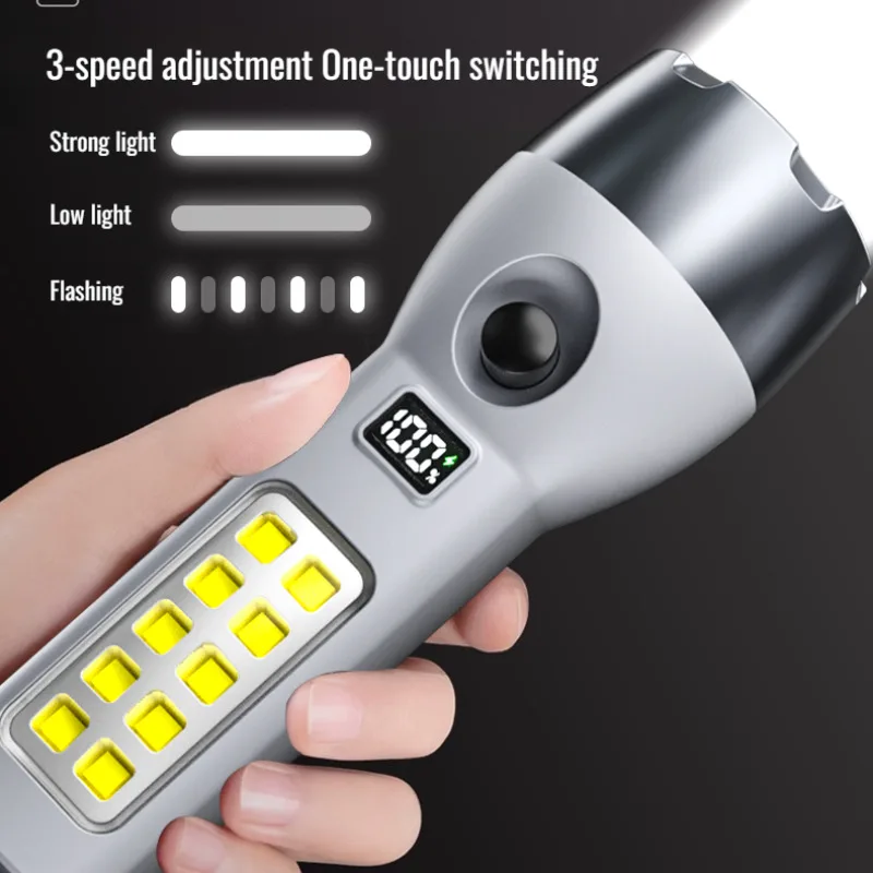 Solar Flashlight Multifunctional Travel Searchlight Strong Light Ultra Long Standby with COB Side Light USB Rechargeable