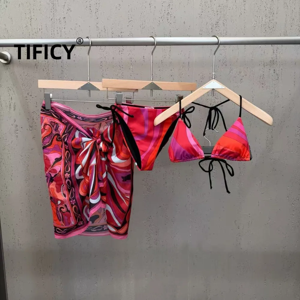 

High Street 3pcs Set Women's New Slim Shoulder Strap Color Blocked Patterned Bikini Set Paired with Apron Three Piece Set