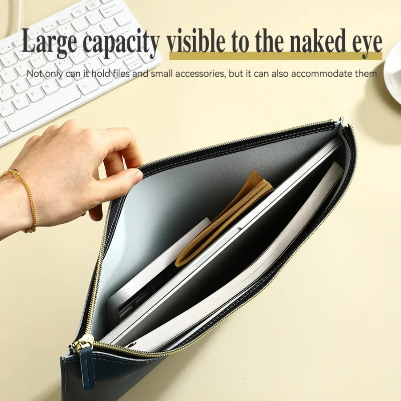 Bolsa de cuero con cremallera A4PU, bolsa de negocios portátil para documentos y materiales oficiales, almacenamiento de facturas simple, bolsa de archivos