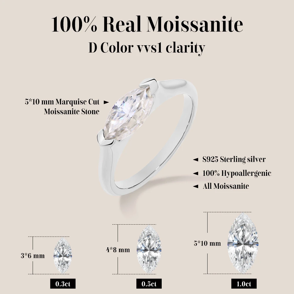 MINTYBOX Marquise Cut DVVS1 Color Moissanite Rings for Women Men S925 Silver Solitaire Promise Ring Fine Jewelry 3 Styles Choice