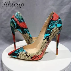 Tikicup Floral Snakeskin Pattern Women Pointy Toe High Heel Shoes Sexy Designer Slip On Stiletto Pumps for Party Dress Skirts