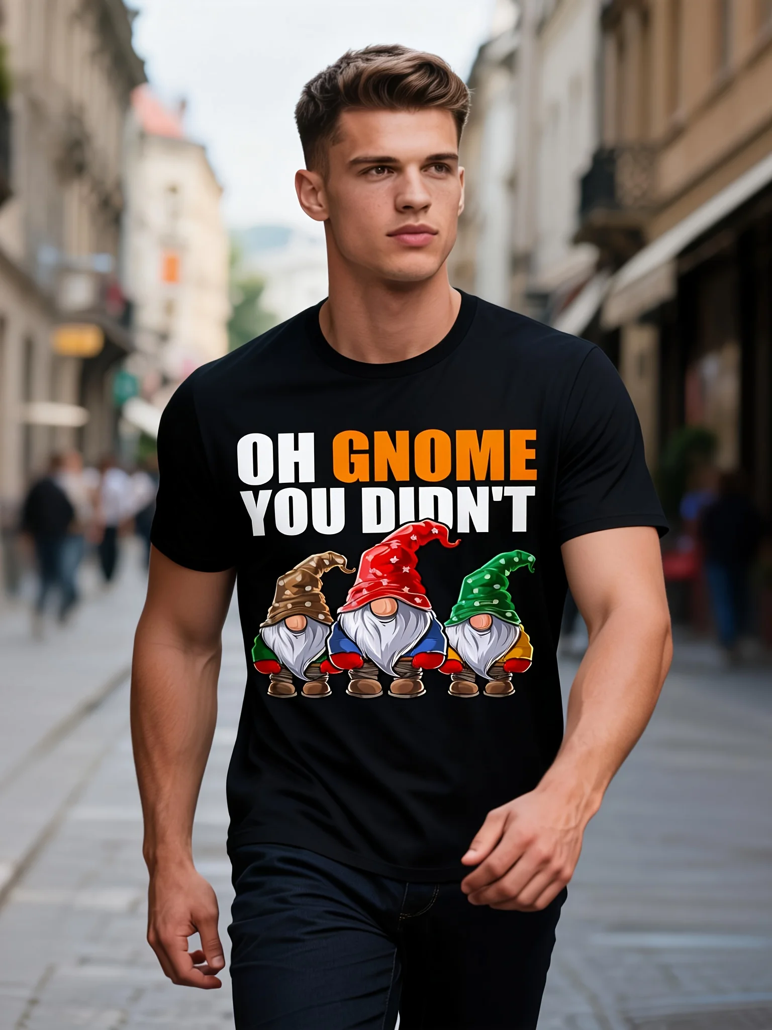 Funny Gardening Gnome T-Shirt - Oh Gnome You Didn't Pun - Soft Breathable  Tee for Men  Women - Black Shirt with RedGreenGolden Gnomes - Casual  Garden Party Apparel