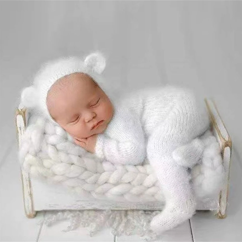 Newborn Photo Props Mohair Bear Costume Bonnet Hat Baby Footed Romper PhotoShooting Clothes Photostudio Accessory 2PCS