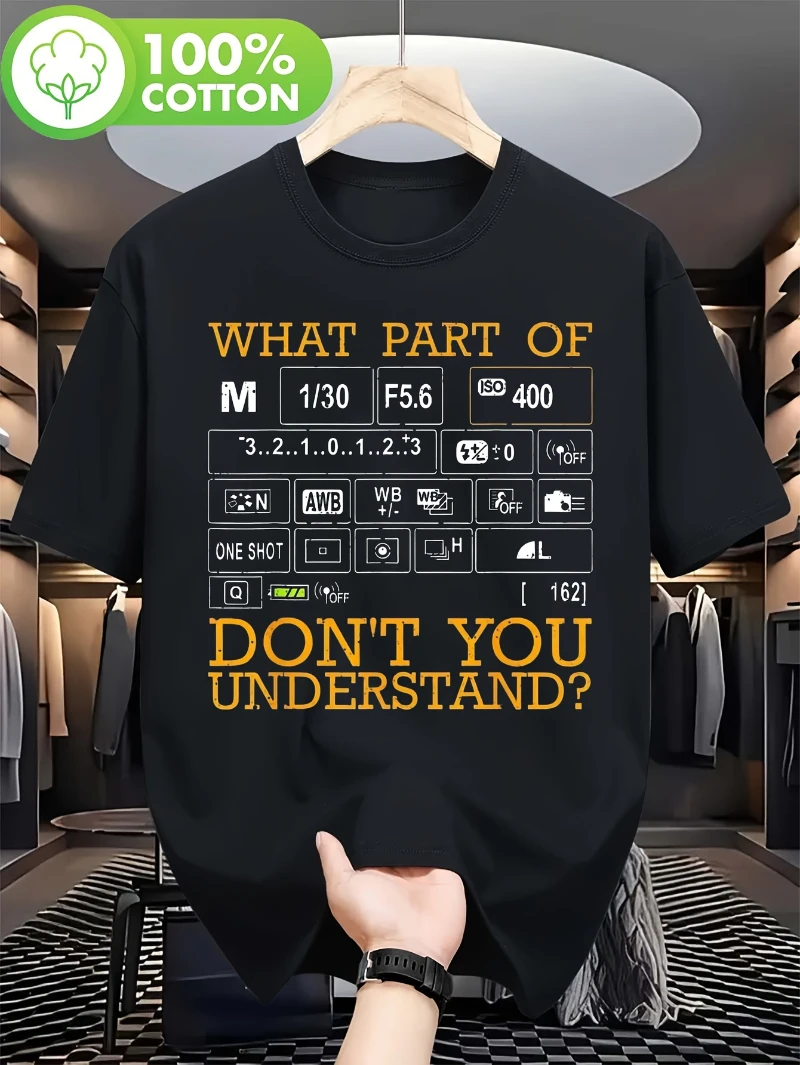 Photography Icon Set - ユーモラスな写真をテーマにしたTシャツ、カメラ設定とデジタル一眼レフカメラのアイコンが描かれています - 180gのヘビーウェイトでゆったりとしたフィット感のメンズTシャツ