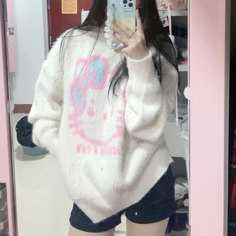 日本のハローキティセーターアニメサンリオかわいい長袖女の子トップスルーズOネックニットセーター秋冬ニットウェア