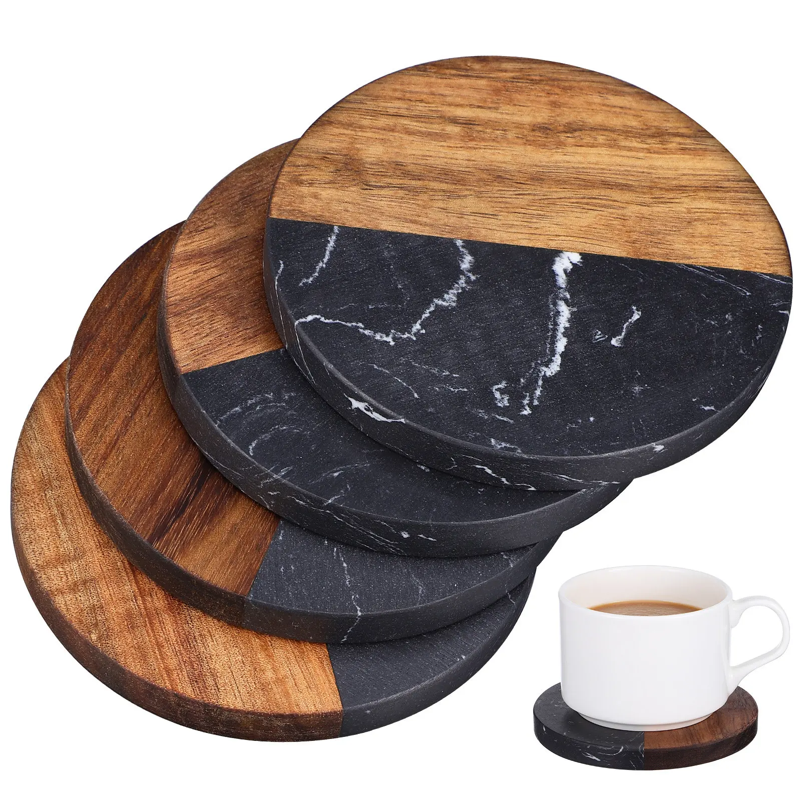 4Pcs Round Marble and Wood Coasters Half Marble Half Wood Heat Resistant Drink Coaster Set for Tabletop Protection Home Office
