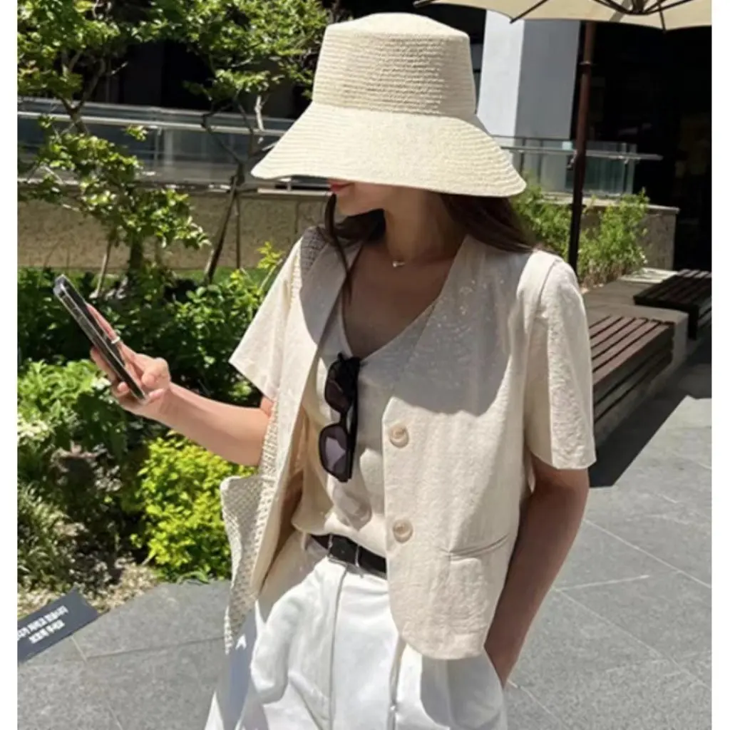 

South Korea New Summer Style Retro Loose Casual Elegant Versatile Short-Sleeved Pure Color Suit Jacket Women's Fashion