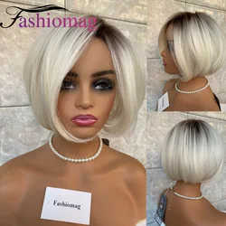 Short Bob Hairstyle Dark Roots Pale Blonde Synthetic Hair Wigs Women Natural Daily Use Super Soft