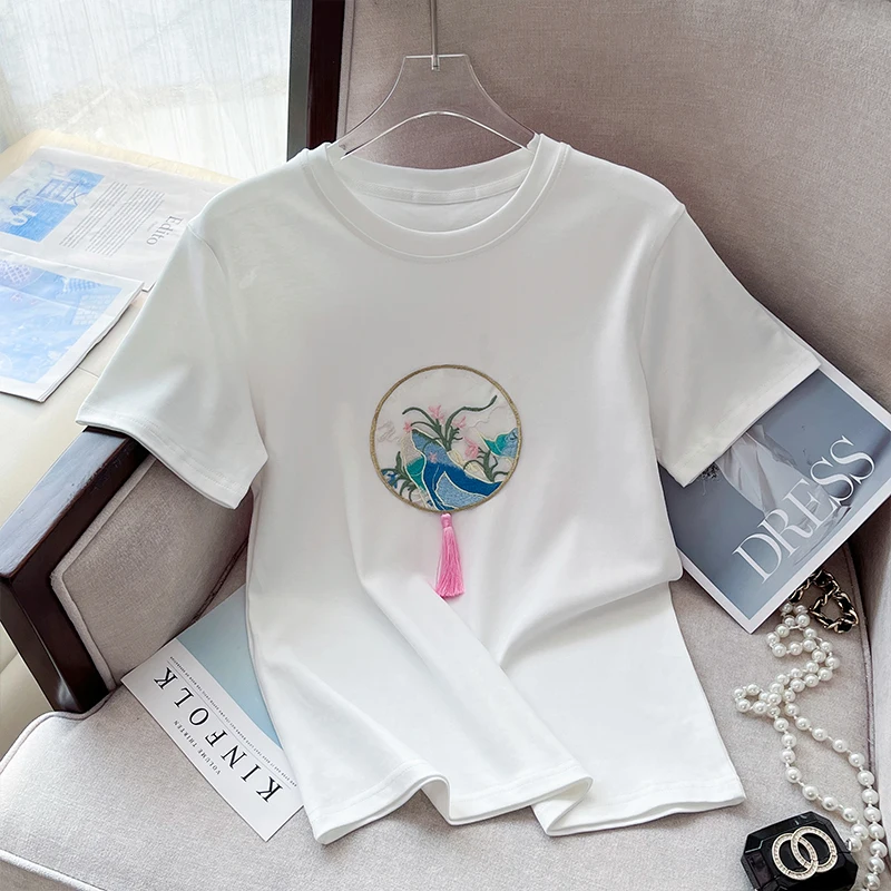 

Summer New Women's Fashion Vintage Crew Neck Simplicity Versatile Slim Chinese Style Embroidery Short Sleeve T-shirt Top clothes