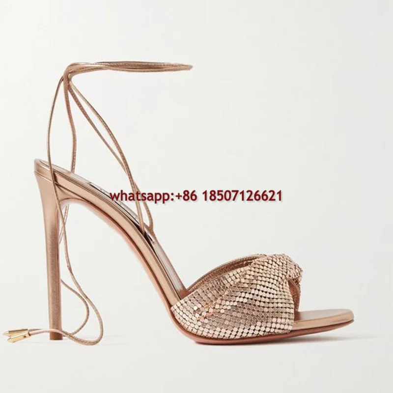 Sequined Stiletto Ankle Strap Round Toe Sandals Large Size Knot Decorative High Heels