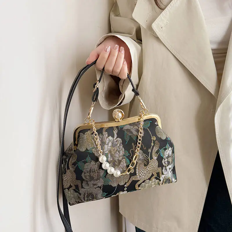 

New Jacquard Vintage Handbag Jacquard Metal Clasp Bag Pearl-embellished Chain Shoulder Crossbody Bag Elegant Evening Clutch Bag