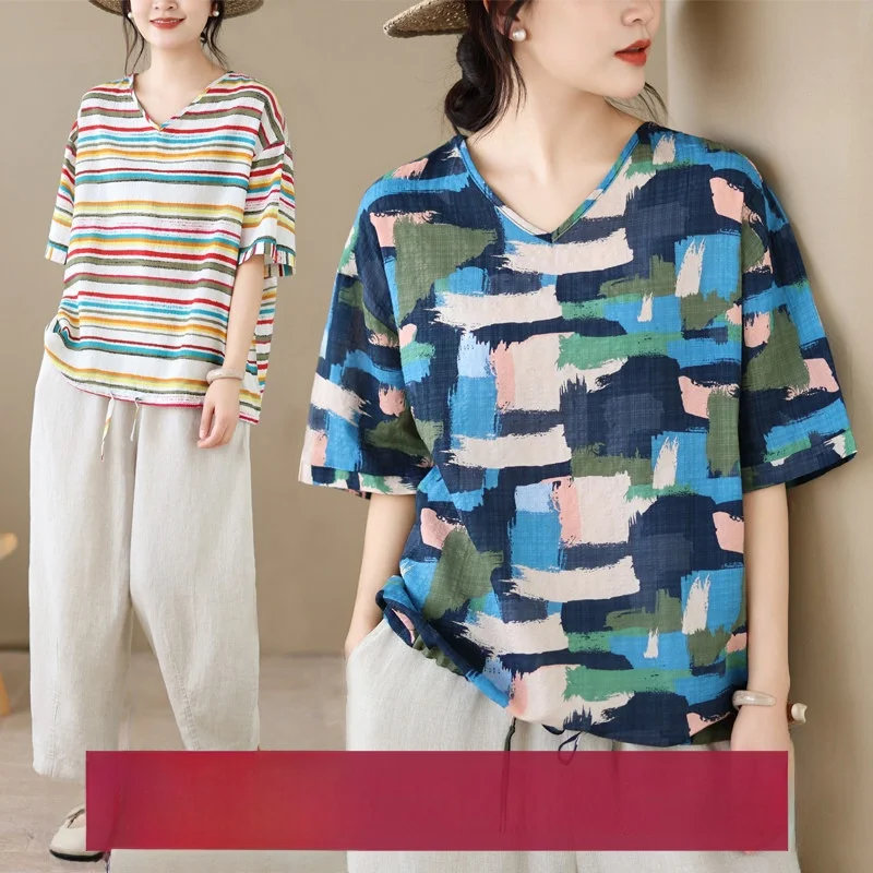 

Повседневная женская футболка из хлопково-льняной смеси с коротким рукавом, свободного кроя, с V-образным вырезом, тонкий топ с завязками, в ретро-стиле, для лета