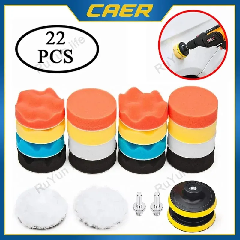 5/22Pcs Car Foam Drill Polishing Pad Kit 3inch Self-Adhesive Buffing Pads Sponge Disc with M10 Adapter for Polish Waxing