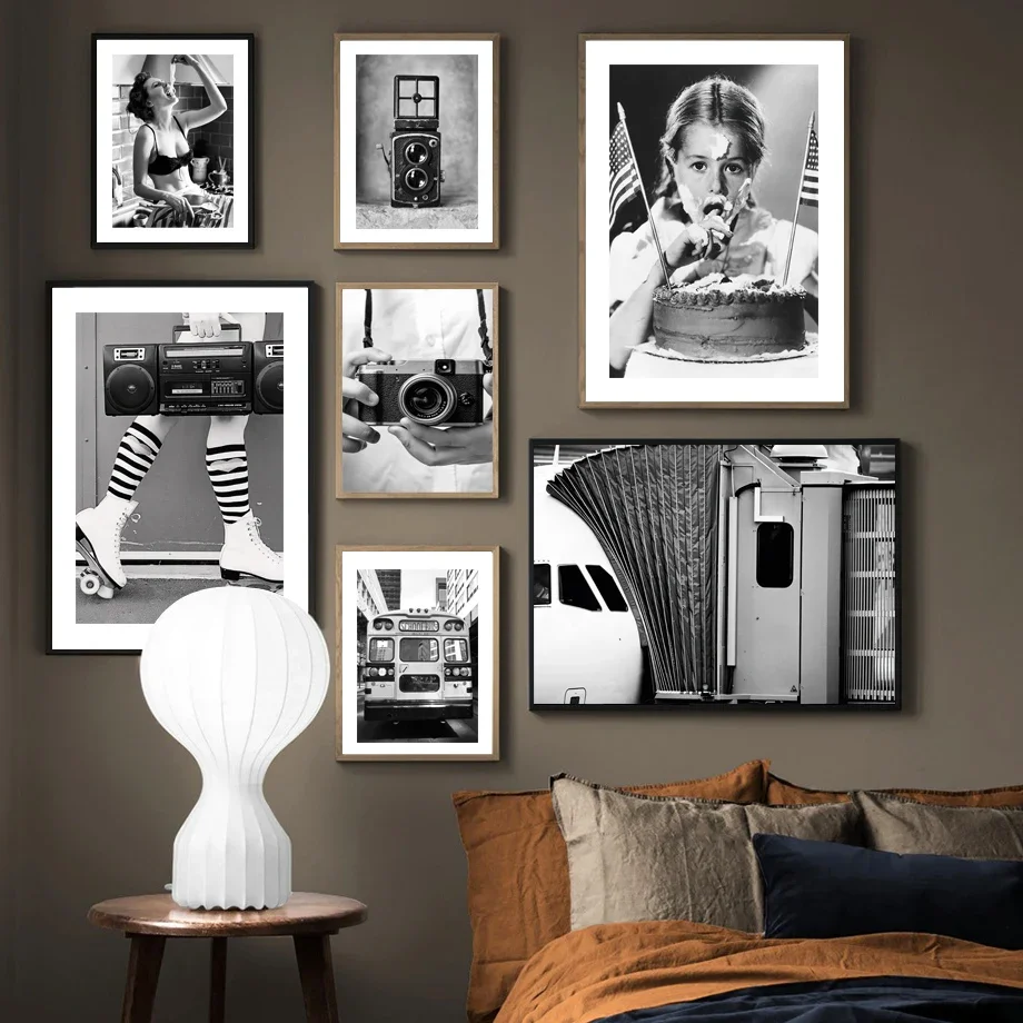 

Retro Wall Art Canvas Vintage Classic 'Camera Bus Cake Girl Skates' Poster Print - Living Room Decor