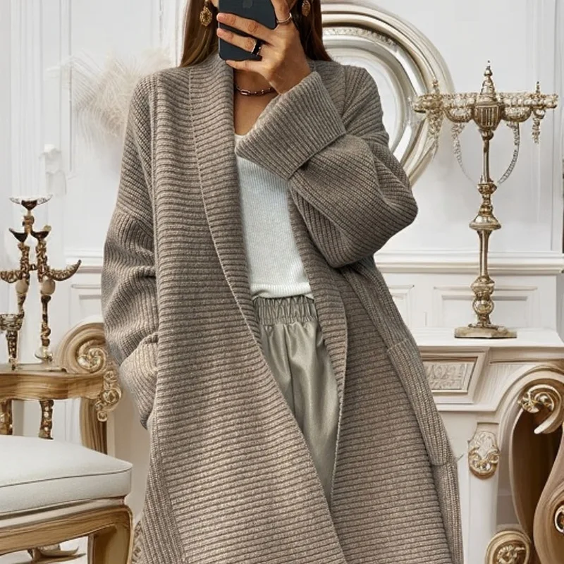 2025 herbst Winter frauen Kleidung Neue Verdickte Mid-länge Einfarbig Strickjacke Lose Tasche Pullover Mantel