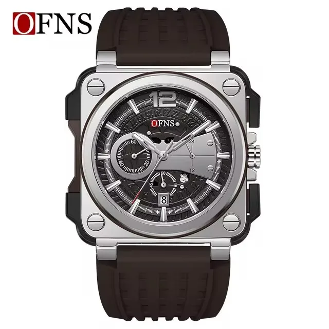 OFNS 1305 Men's Quartz Watch Square Dial Fashion Unique Calendar  Silicone Strap Wristwatch for Male