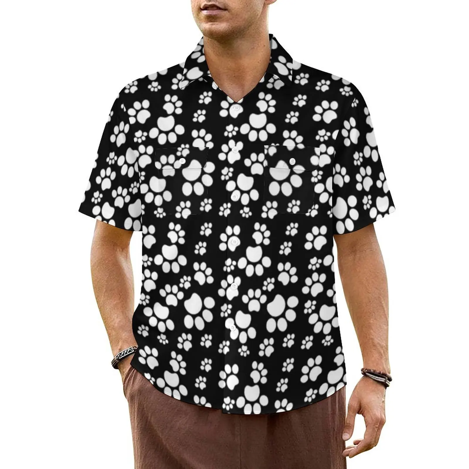 Cute Dog Paws Casual Shirt Black And White Vintage Hawaiian Shirts Mens Short Sleeves Vacation Fashion Design Plus Size Blouses