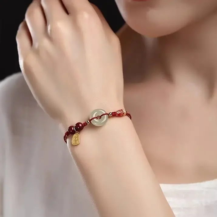 Natural Hetian Jade Safety Buckle Bracelet Colorful Red Rope Woven Recurrent Fate Year Good Luck Lucky Carrying Strap